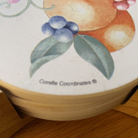 Corelle (Abundance) coasters in wood holder w/Gemco matching glass sugar bowl - Picture 12 of 16